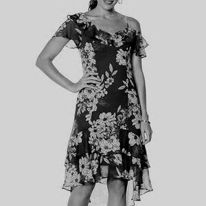 Colleen Lopez One Shoulder Black Ruffle Floral Chiffon Dress, Size 12
